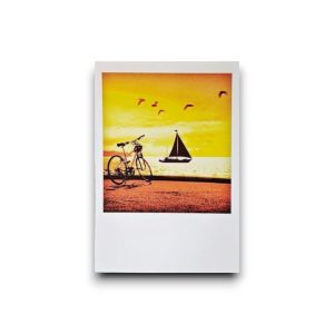 Ansichtkaart – Fiets en zeilboot in avondrood