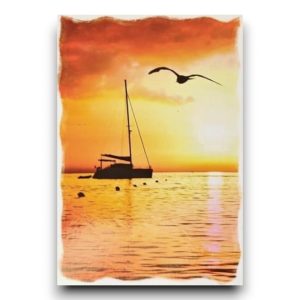 Ansichtkaart – Boot en meeuw in avondrood