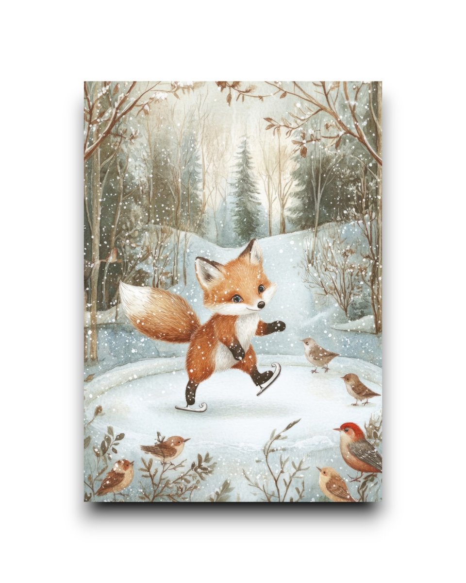 A6 Ansichtkaart – Cute winter Animals: Ice-skating fox in the forest