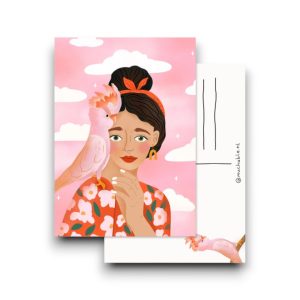 A6 Ansichtkaart – Vrouw met papegaai